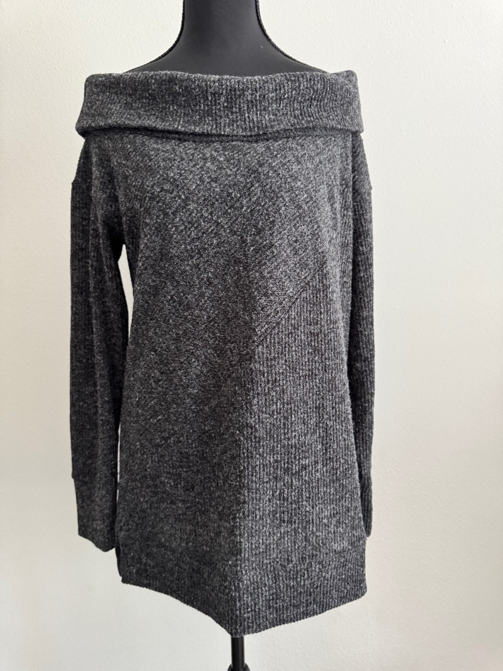 NWT Gap Charcoal Gray Marled Knit Cowl/Off-the-Shoulder Sweater; Sz Med/Tall